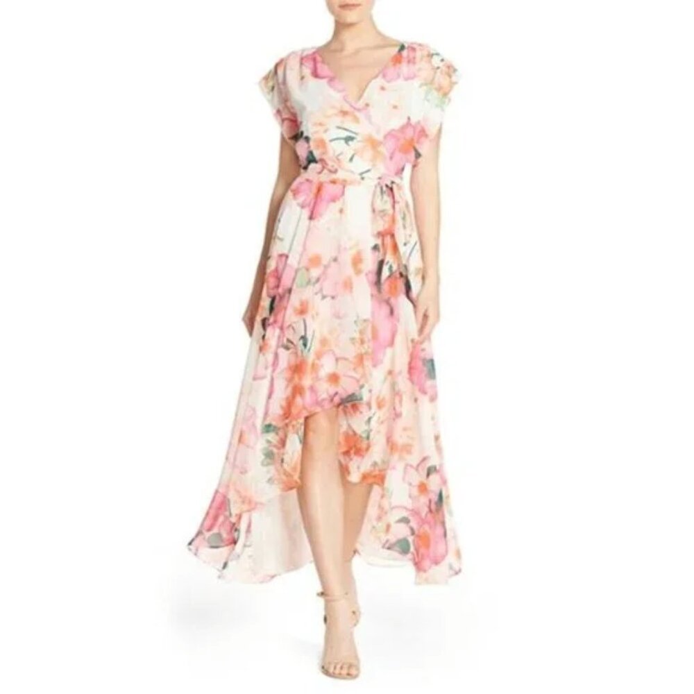 Eliza J Women's Dress Size 2 Pink Orange Coral Floral Hi Lo Dress